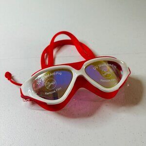 Red Swim Goggles and case Anti-Fog UV Protection Silicone Seal Attached Earplugs